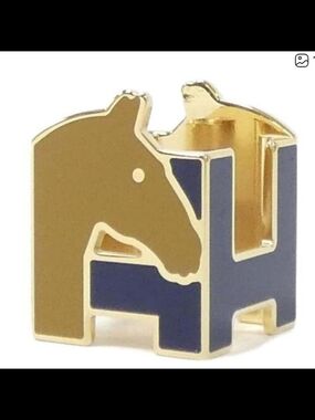 Hermes Gold and Navy Enamel Horse 'H' Scarf Ring